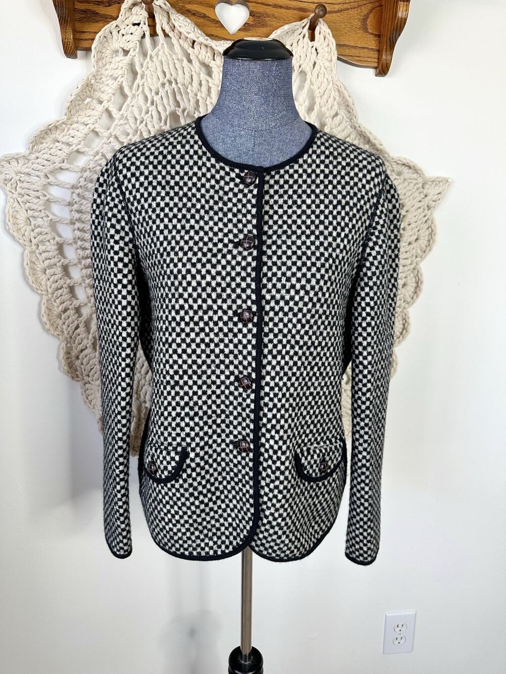 Lands End Vintage 90s Y2K Black White Check Wool Lady Jacket Cardigan Large